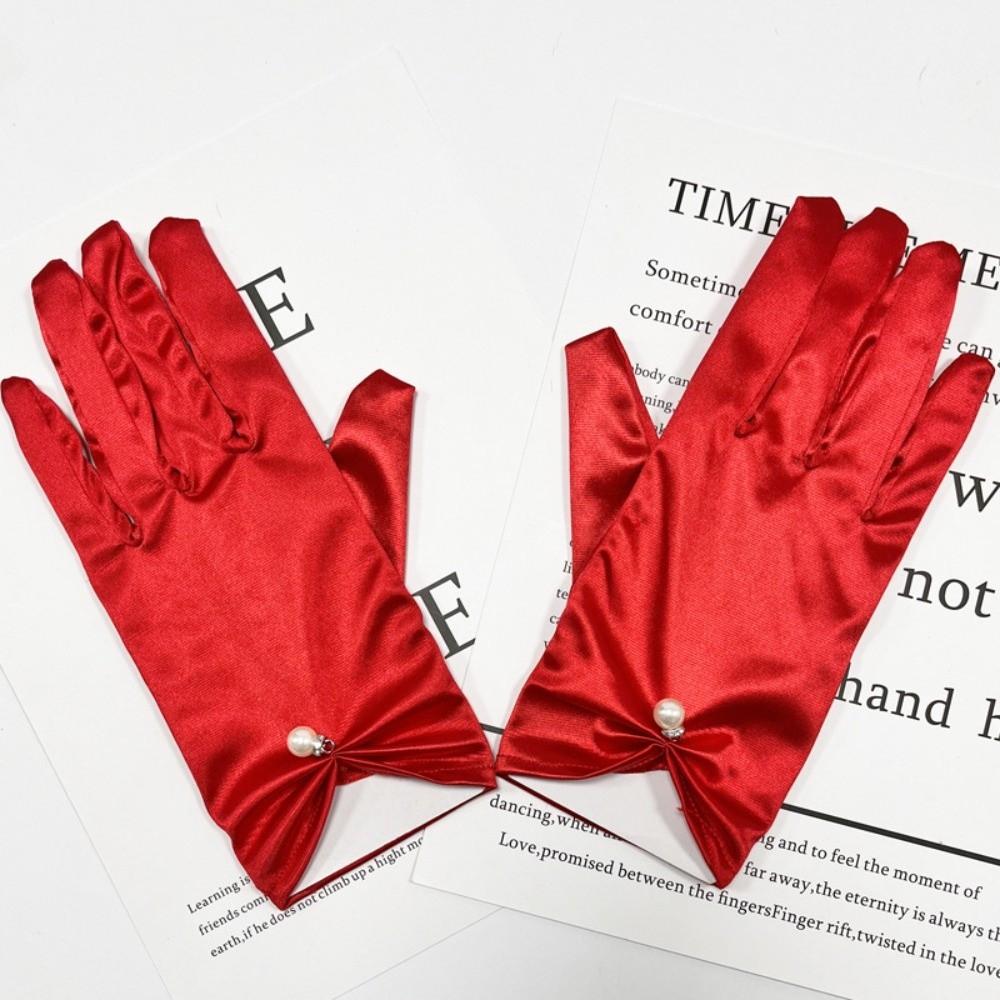Pearl Decorative White Satin Bridal Gloves Wrist Length Women Silk Gloves Ladies