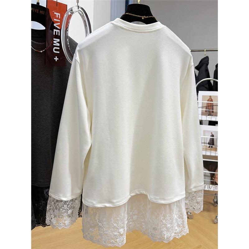 Lace Patchwork Fleece Sweatshirt Casual Loose Long Sleeve Top