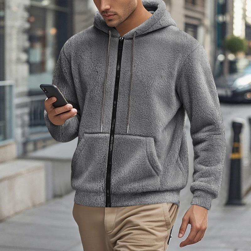 Men Casual Warm Fleece Hooded Zipper Cardigan Sweater Outerwear