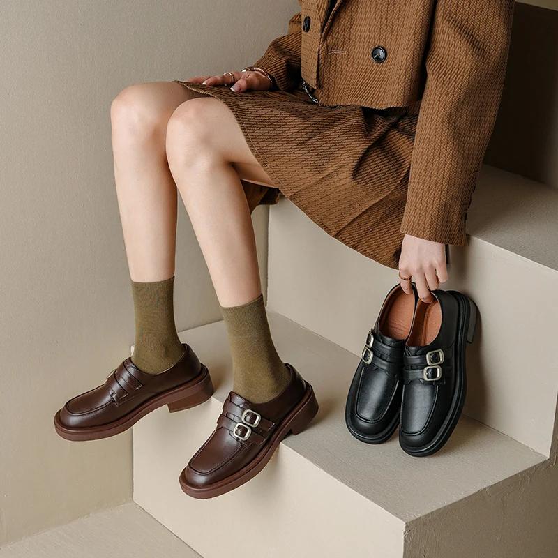 Fashion 2025 New Spring Split Leather Women Shoes Casual Slip-On Loafers Round Toe Chunky Heel Shoes Woman Zapatos De Mujer Buckle