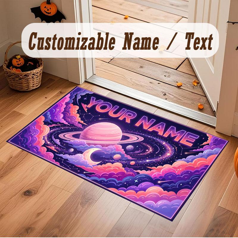 Space Cosmic Theme Crystal Velvet Floor Rug Personalized Custom Name Text Warm Carpet Home Decoration