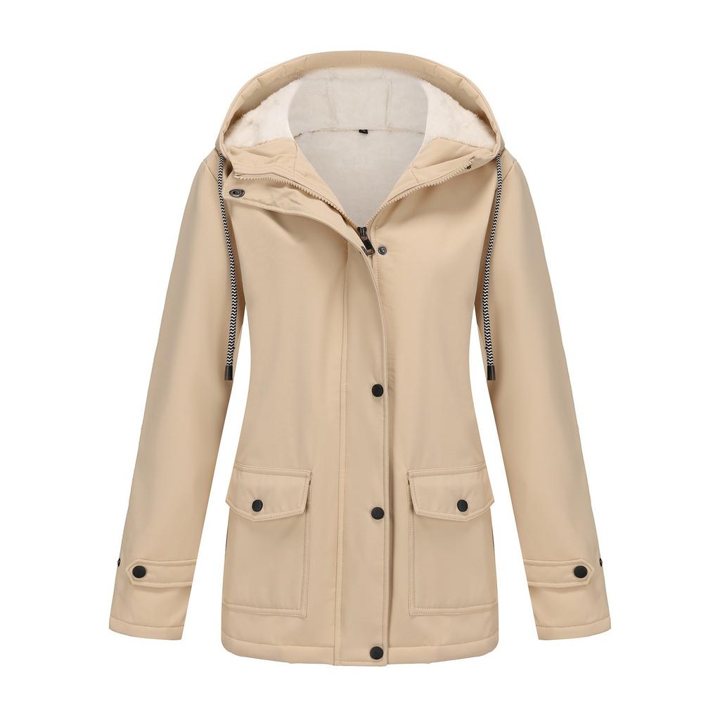 Women's Long Sleeve Hooded Jacket Solid Color Zip Up Fleece Lined Water Resistant Windbreaker Outerwear Coat