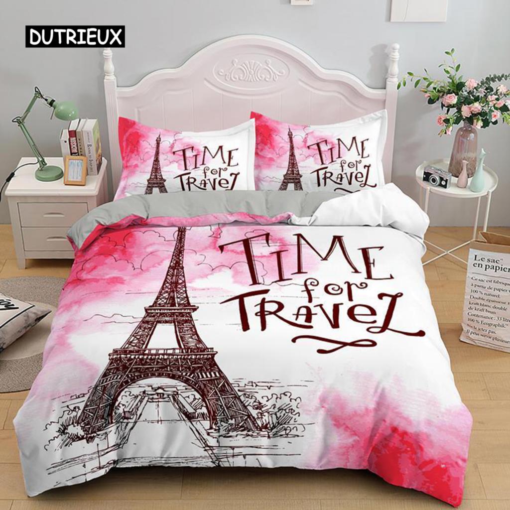 Eiffel Tower Duvet Cover King Size Paris Sunset Bedding Set Romantic France Theme Polyester Quilt Cover for Adult