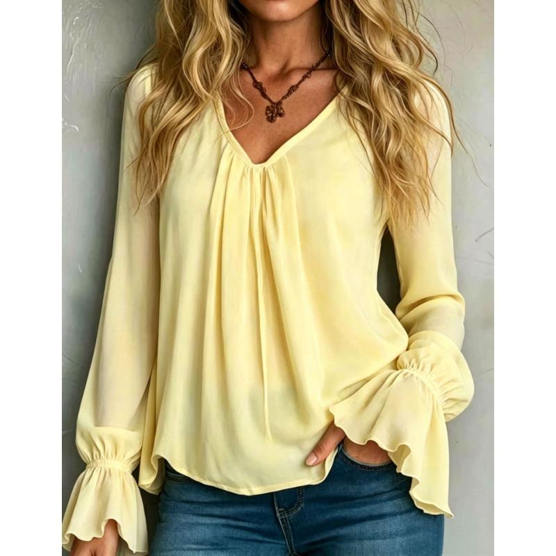 Women S V Neck Loose Fit Solid Color Long Sleeve Shirt