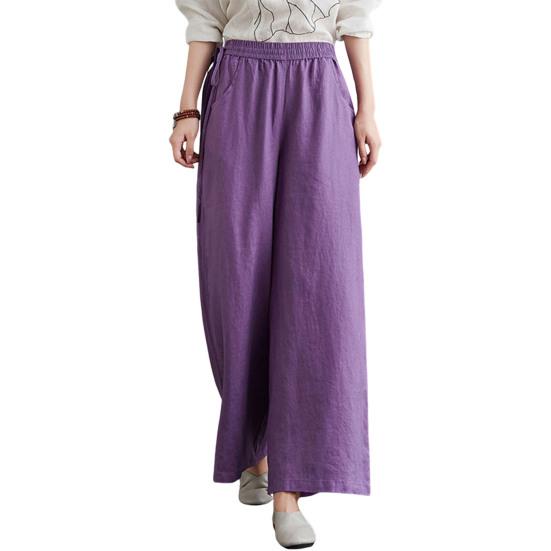 Women Pants Elastic Waistband Adjustable Drawstring Wide Leg Long Pants with Pockets Pure Color Leisure Trousers Summer Travel Work Wear
