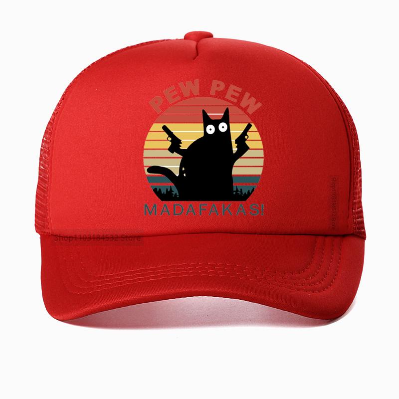 Pew Pew Madafakas Cartoon Double Gun Cat Mesh Trucker Hat Unisex Women Funny Baseball Snapback Cap