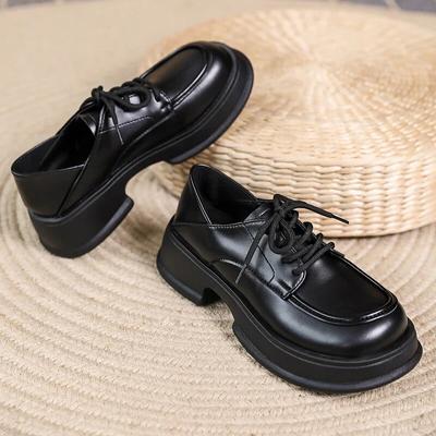 Klassische Pumps für Damen, mit Schnürung, Hoof Mid Heels, runde Zehen, Oxford-Schuhe, Damen-Pumps aus massivem Leder, Plateauschuhe