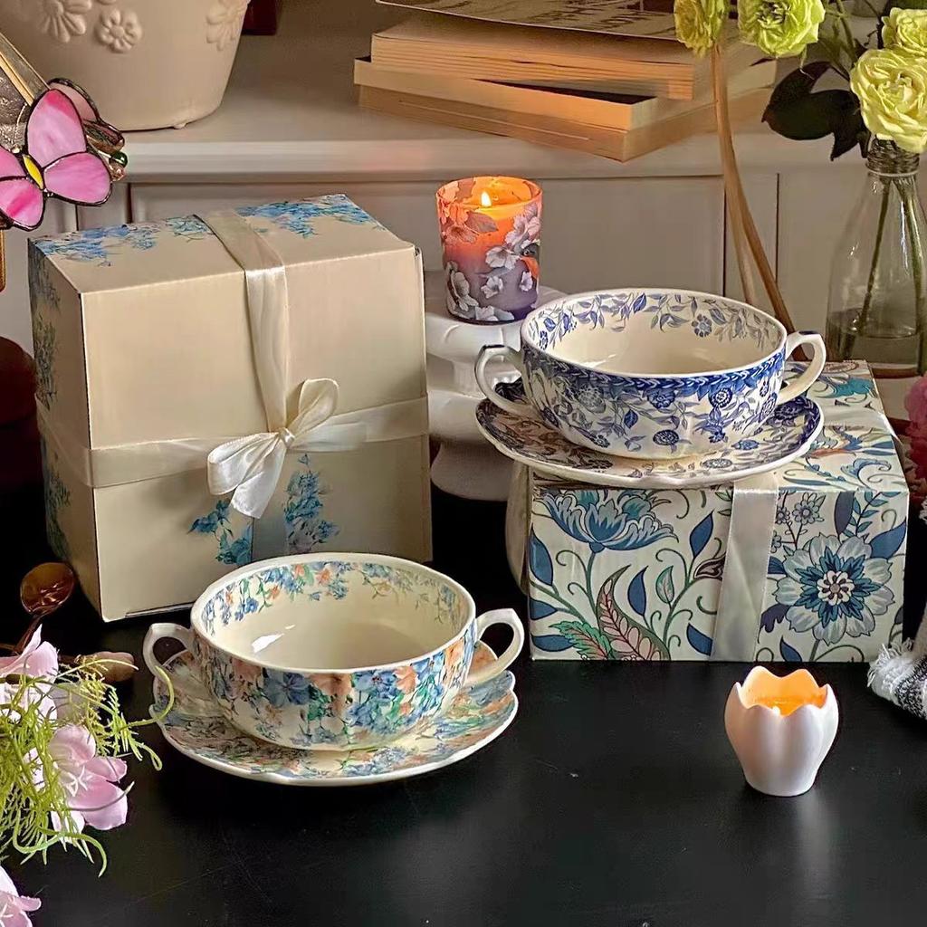 Orchidee Blau und Weiß Keramik Binaural Schalen Set, High-End Geschenke, Retro Haushaltschalen, Hochwertige Reisschalen, Knochenspuck-Schälchen