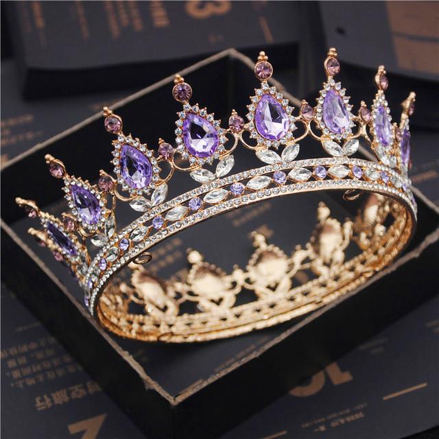 Bride Royal Purple Crystal Queen King Tiaras and Crowns Bridal Pageant Diadem Head Ornament Wedding Hair Jewelry Accessories