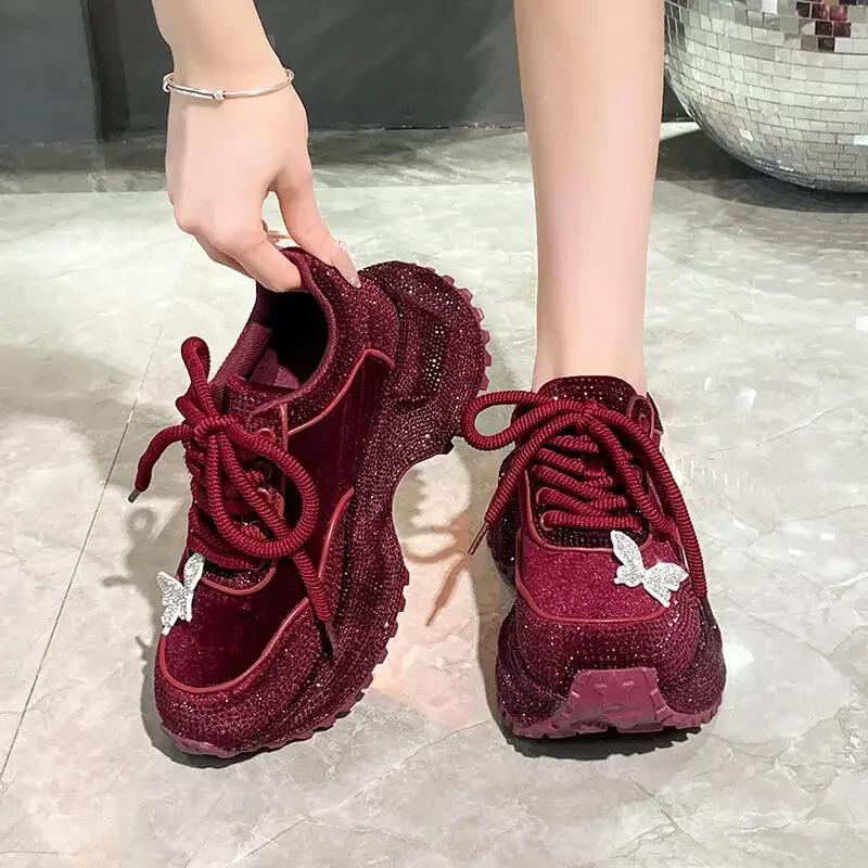 Luxury Rhinestone Butterfly Platform Sneakers Women Winter Sequin Fabric Thick Bottom Sports Shoes Designer Female Sneakers