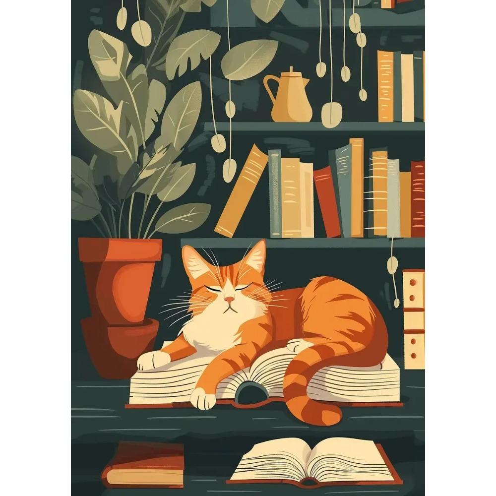 1pc Frameless Canvas Painting  Cartoon Cat with Books Poster Print Canvas Painting Wall Art Picture Library Bookstore Room Decor