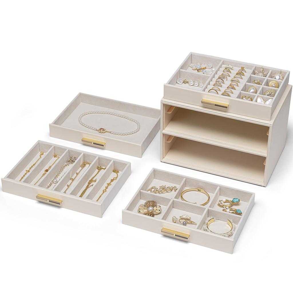 Vlando Glass Lid 4-Drawer Jewelry Box for Women - Organizer for Necklaces, Rings, Earrings, Bracelets, and Other Accessories - White Day Gift (Ivory)