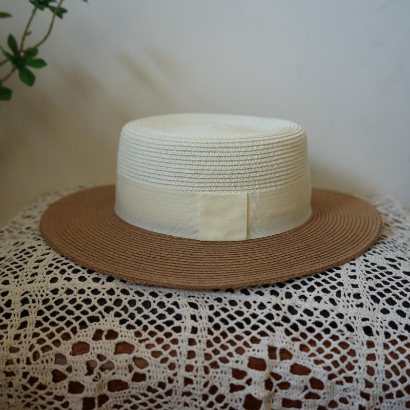 French Retro White Khaki Flat Top Top Top Hat Women'S Summer Sunshade Vacation Beach Sun Straw Hat Big Brim