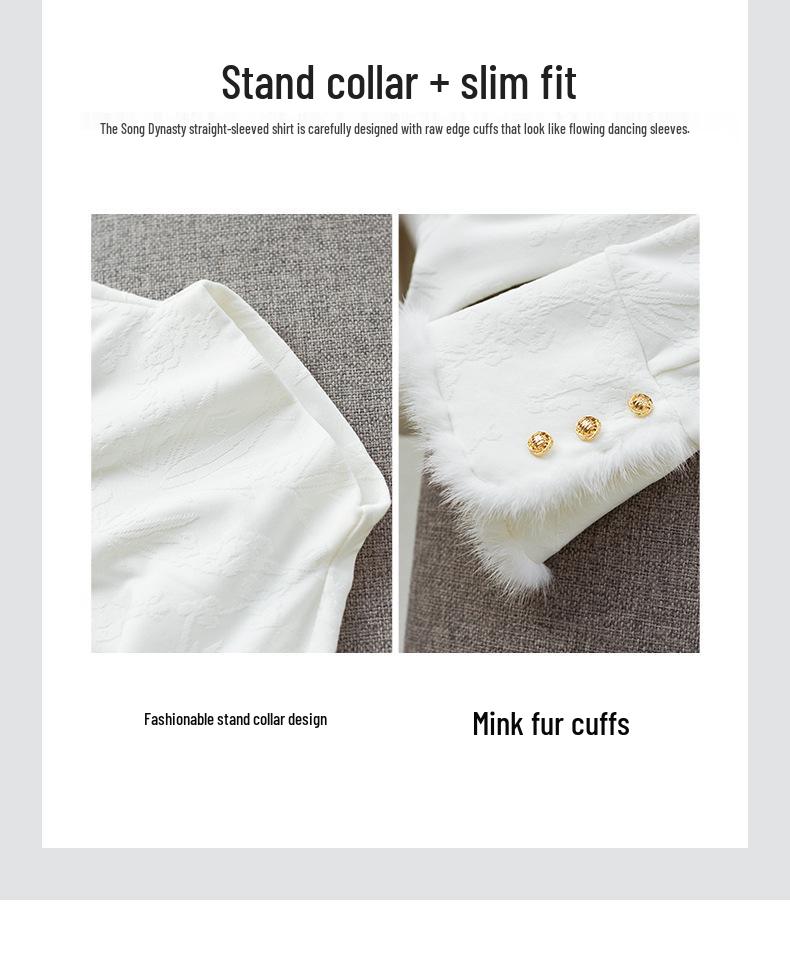 New Chinese Style Jacquard Mink Fur Trim Half-Stand Collar Women's Top for Autumn/Winter