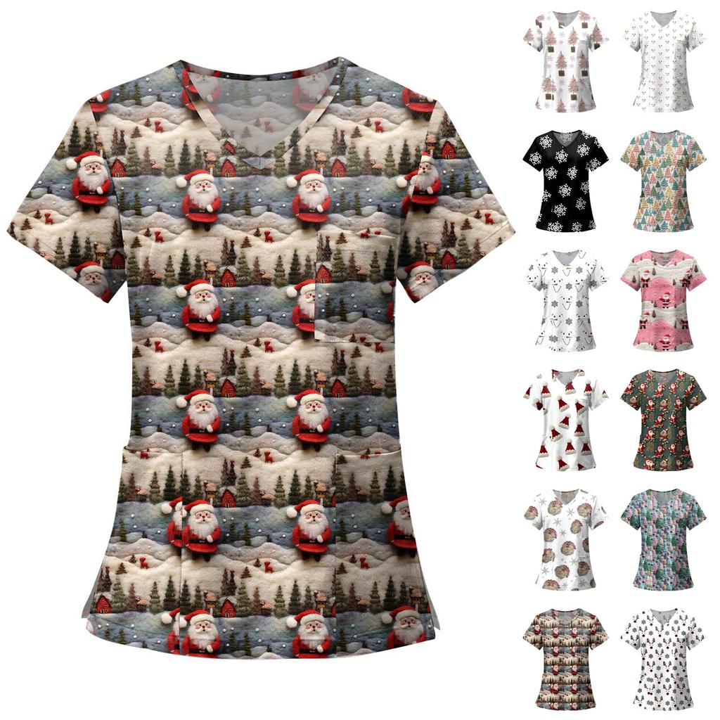 Women's Fashion Printed Short Sleeve V Neck Pattern Tops Pocket Working T-shirts