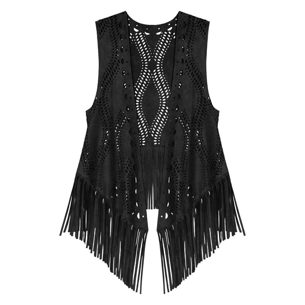 Women's Hollow Out Cardigan Vest Fringes Bohemian Retro Solid Color Cardigan Vest