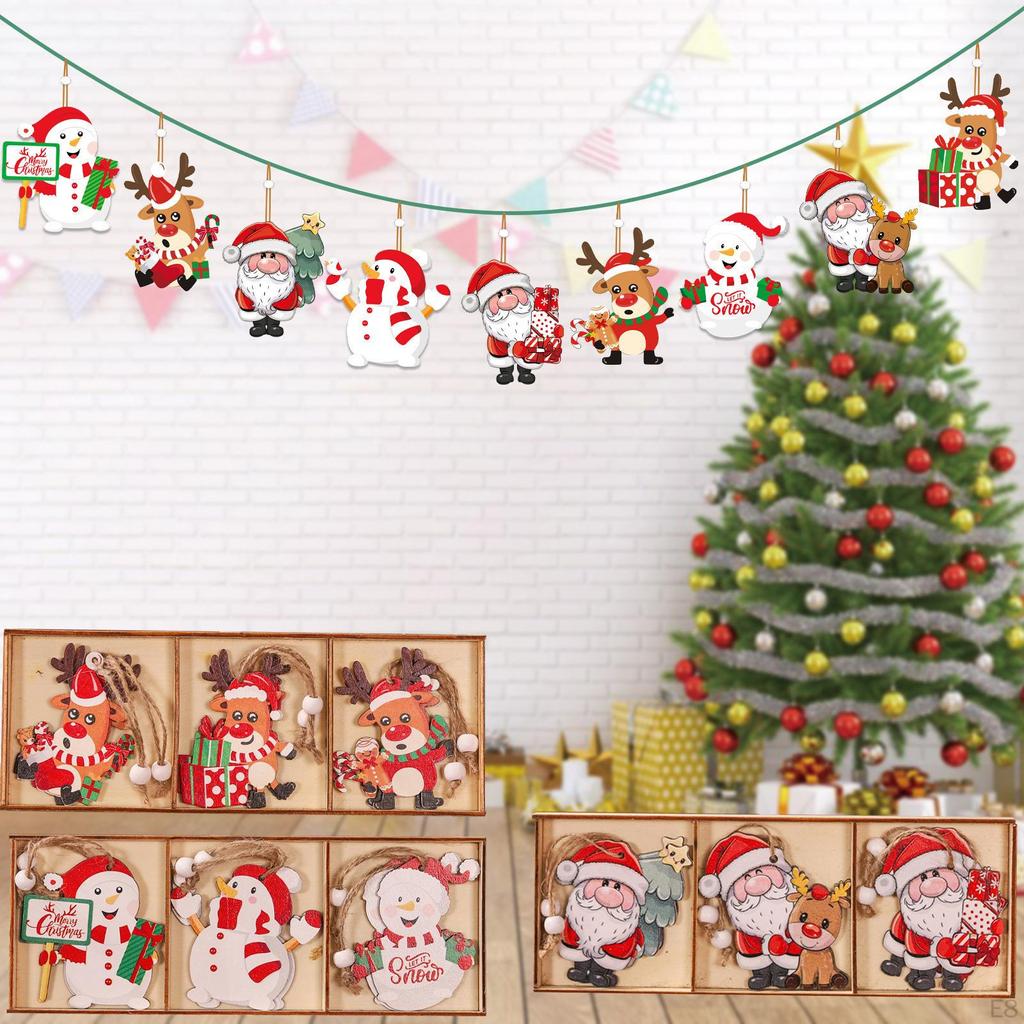 9 Pieces Christmas Wooden Hanging Ornaments Decoration with Holes Pendant Craft for Wall