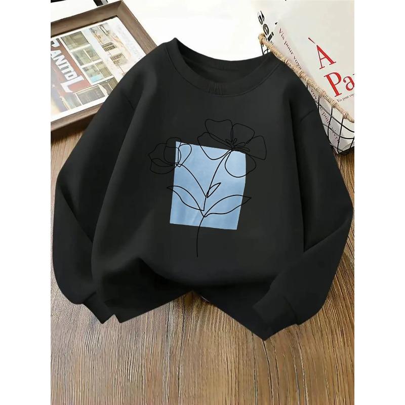 Girls' Crewneck Sweatshirt - Simple Line Flower Design with Blue Machine Washable, Spring And Autumn