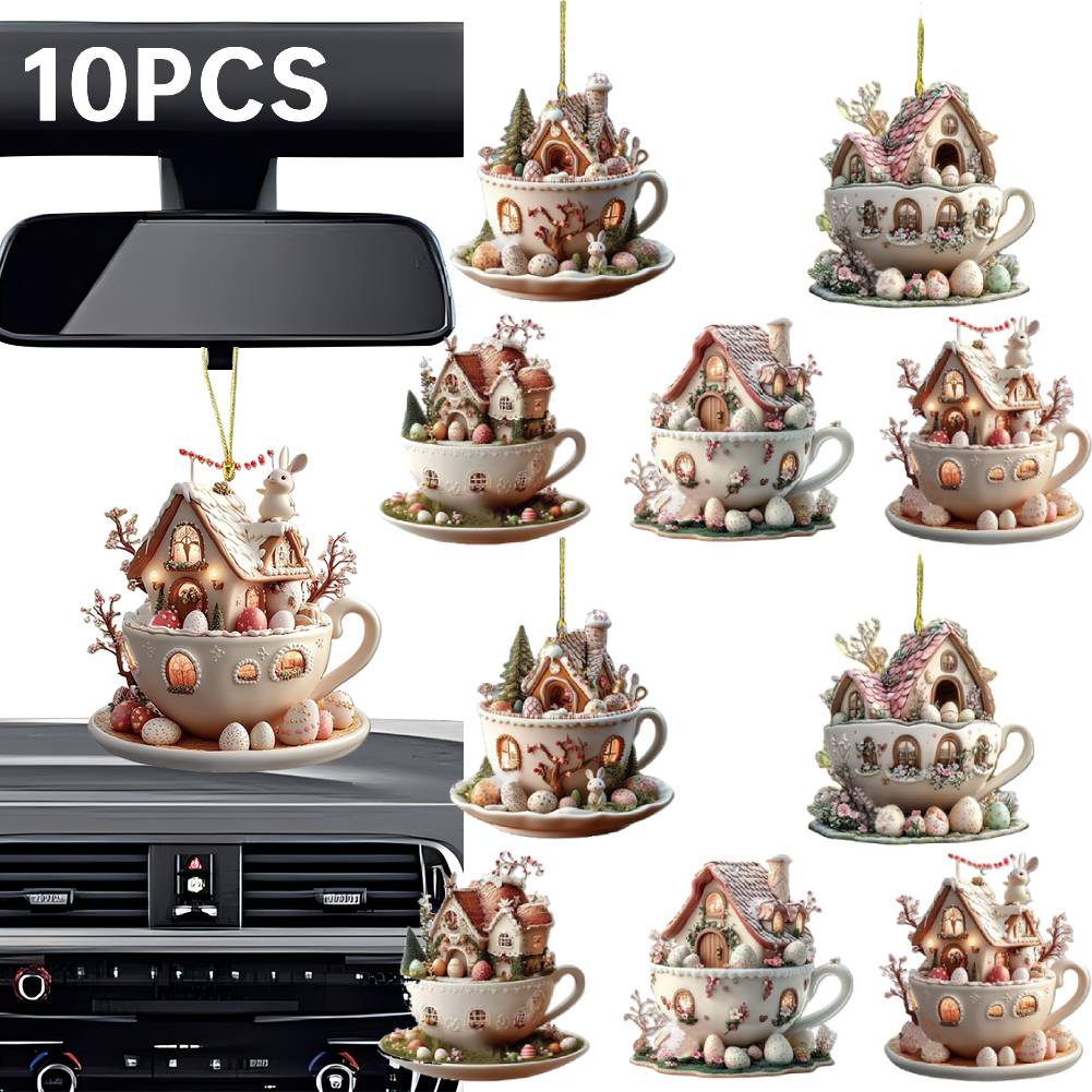 

10pcs Easter Bunny Egg House Coffee Mug Hanging Ornament Acrylic 2D Flat Coffee Cup Decorative Pendant Kit for 2025 Easter Party