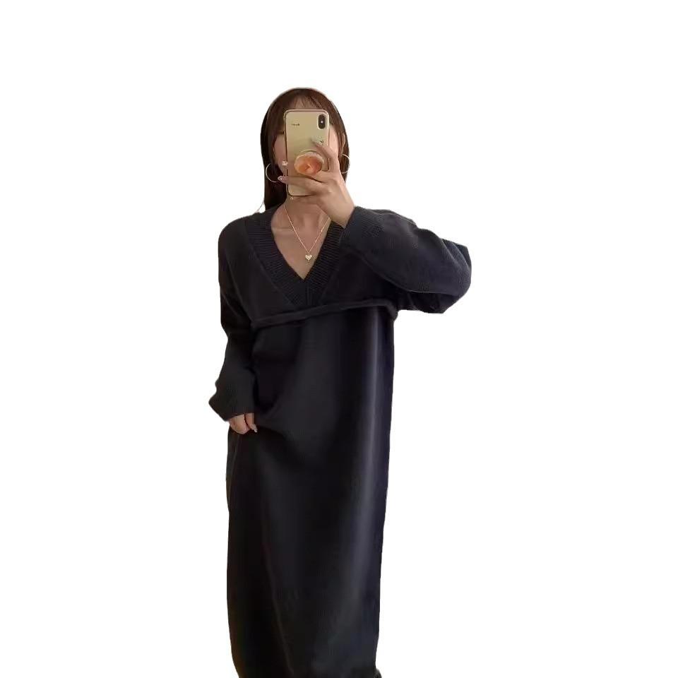 V-neck Long Knitted Dress for Women's Autumn and Winter New Lazy Style Loose Large Size with Coat Backing Sweater Skirt Tide