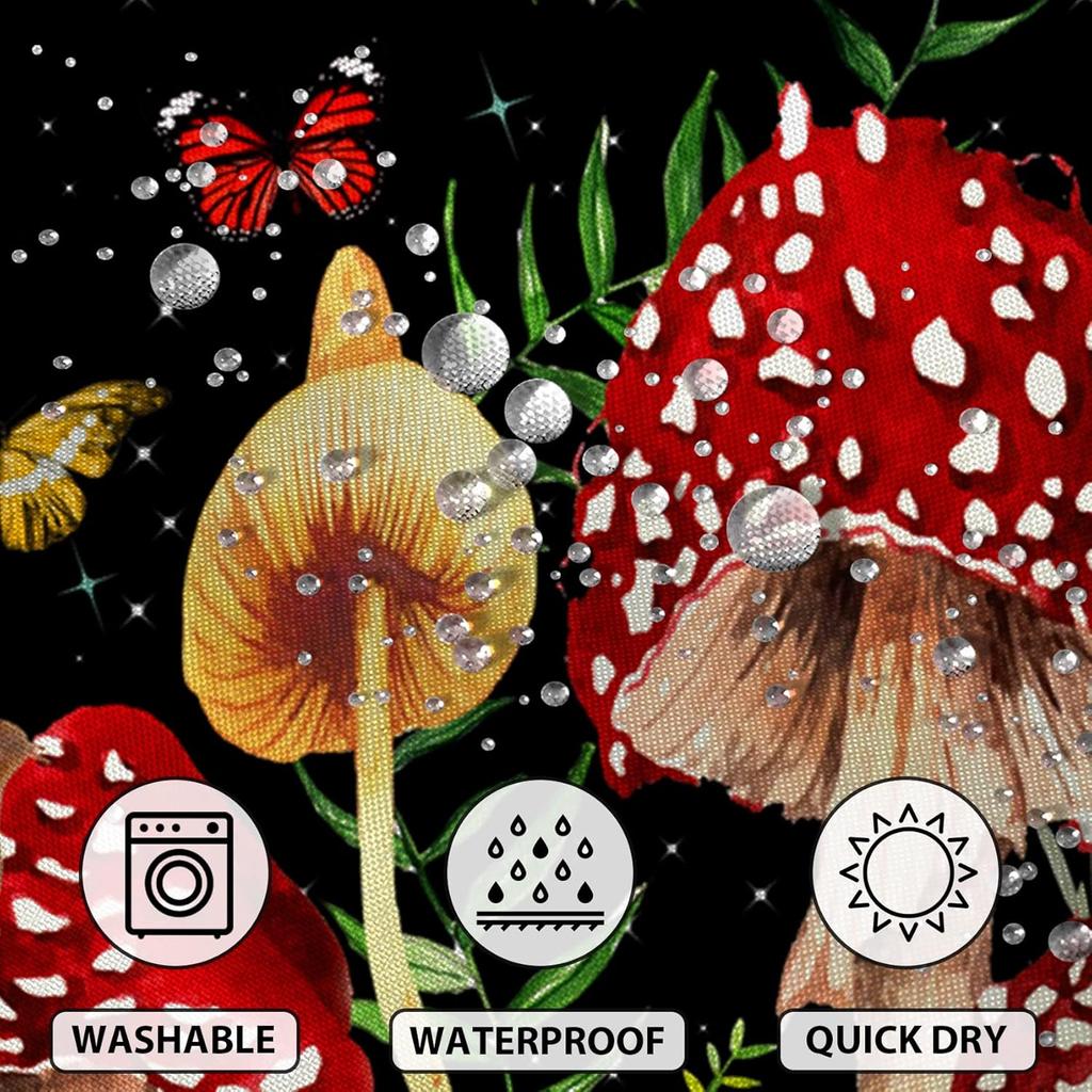 Renaiss 72X72 Inches Mushroom Boho Shower Curtain Retro Red Mushrooms Butterfly Botanical Wildflowers Green Plant Starry Night S