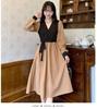 Autumn new Korean version temperament waist thin dress French retro V-neck splicing fake two-piece medium and long dress