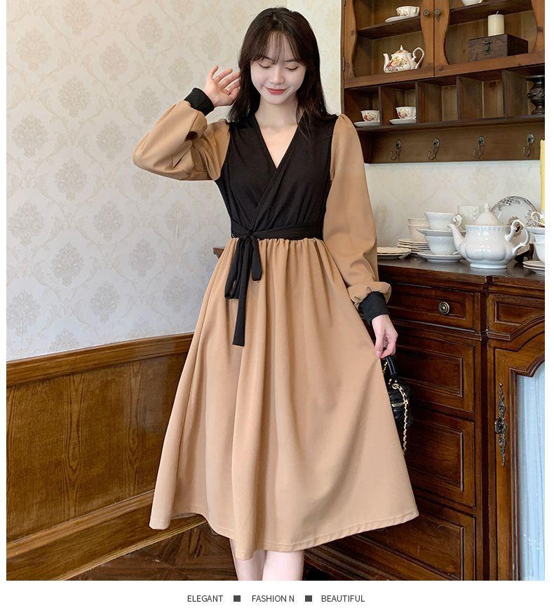 Autumn new Korean version temperament waist thin dress French retro V-neck splicing fake two-piece medium and long dress