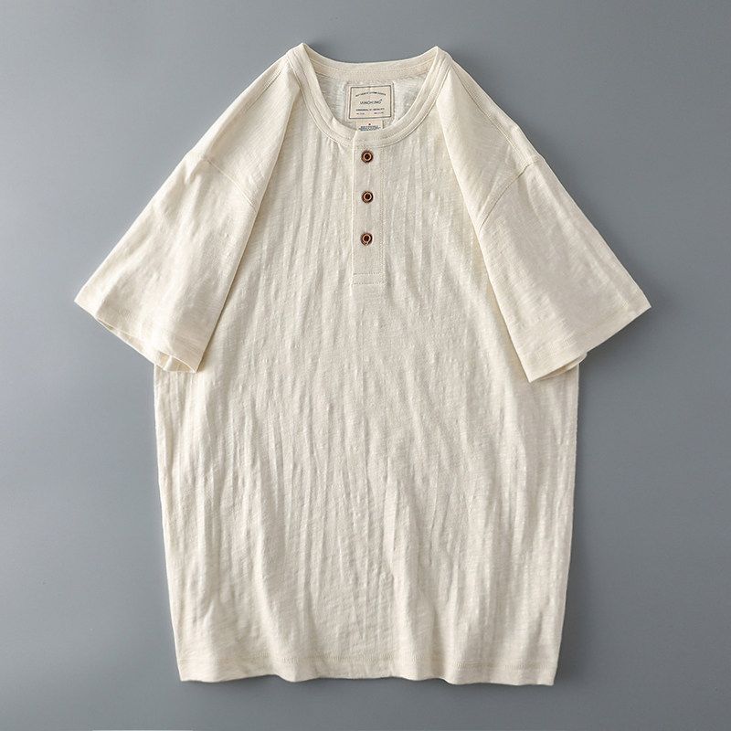 Trendy Slub Cotton Men Short Sleeve Export Export T-Shirt Beige M