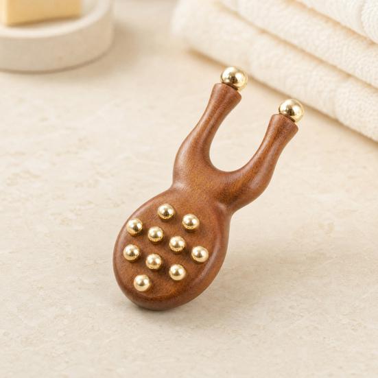 Yousheng Sandalwood Facial Massage Roller with 12 Brass Beads, Y-Shaped Ergonomic Gua Sha Tool for Face Eye Nose Ear Muscle Relaxation Tension Relief