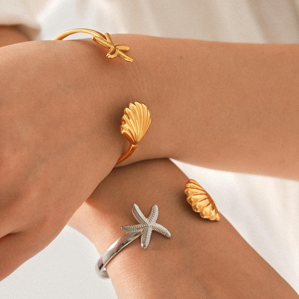 Stainless Steel Starfish Shell Open Bangle for Women, High-end Ocean Style Titanium Steel Bracelet