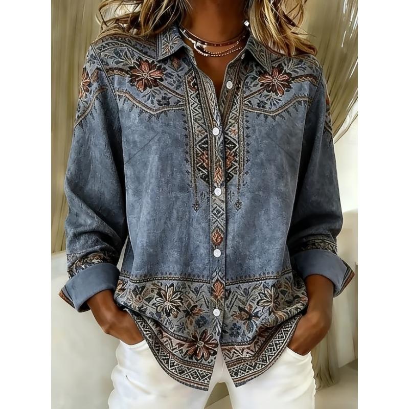 New khaki gradient retro floral print men's long sleeve shirt Bohemian casual pattern shirt clothing jacket