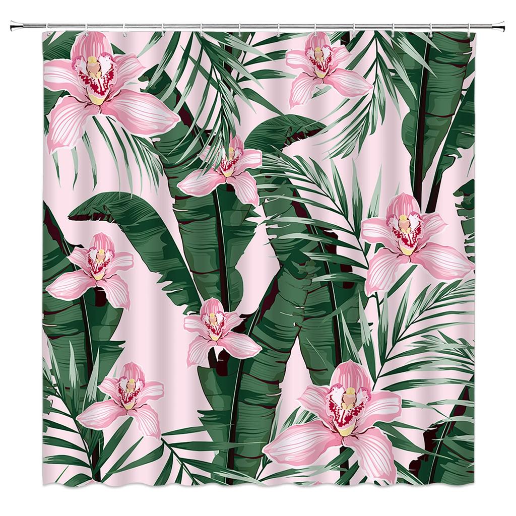 Boho Floral Shower Curtain, Hawaii Tropical Leaves Flower Bath Curtain Botanical Nature Summer Bathroom Decor Curtain with Hooks