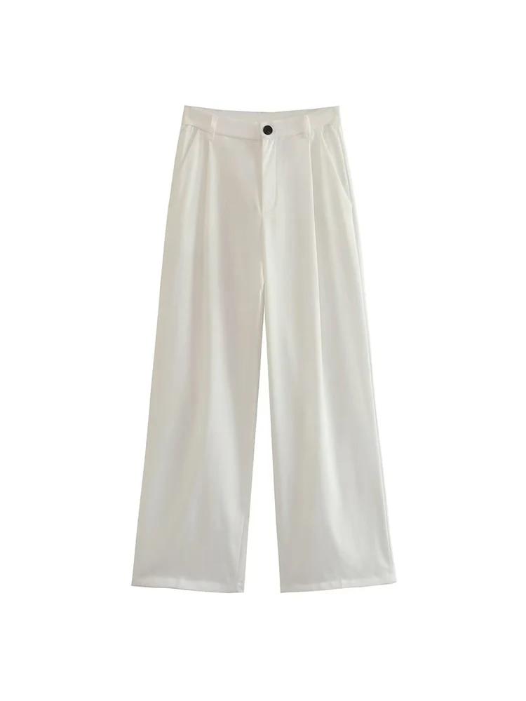 Pantalones informales de pierna ancha plisado para Mujer, pantalón Vintage de cintura alta con cremallera, pantalón largo completo con bolsillo y botones para oficina