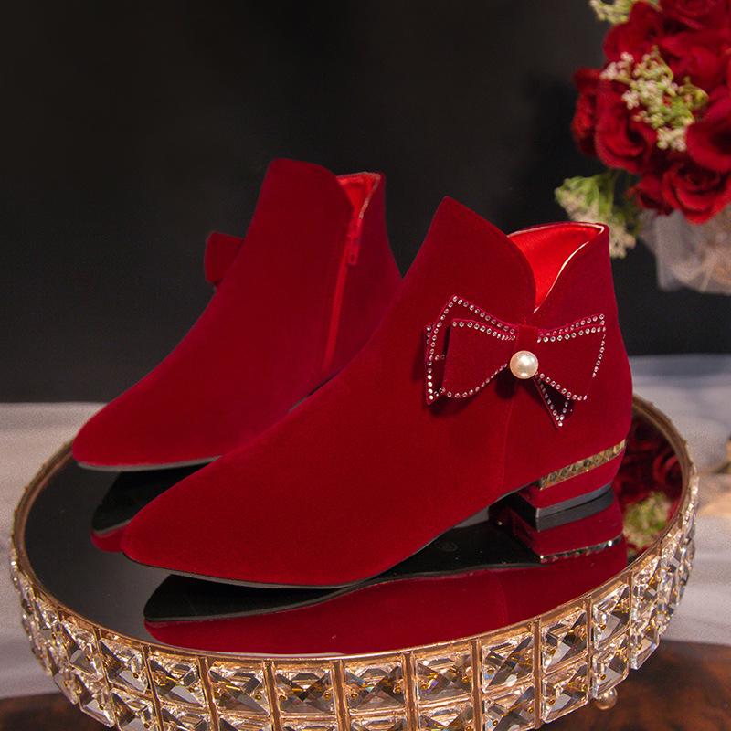 

Ботильоны невесты осень-зима 2025 новые бордовые праздничные свадебные ботильоны со стразами и бахромой на толстом каблуке, не утомляющие ноги, модные ботильоны 40