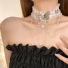 Lolita Rhinestone Pendant Necklace Pearl Tassel Butterfly Necklace Lace Bow Choker  Music Festival