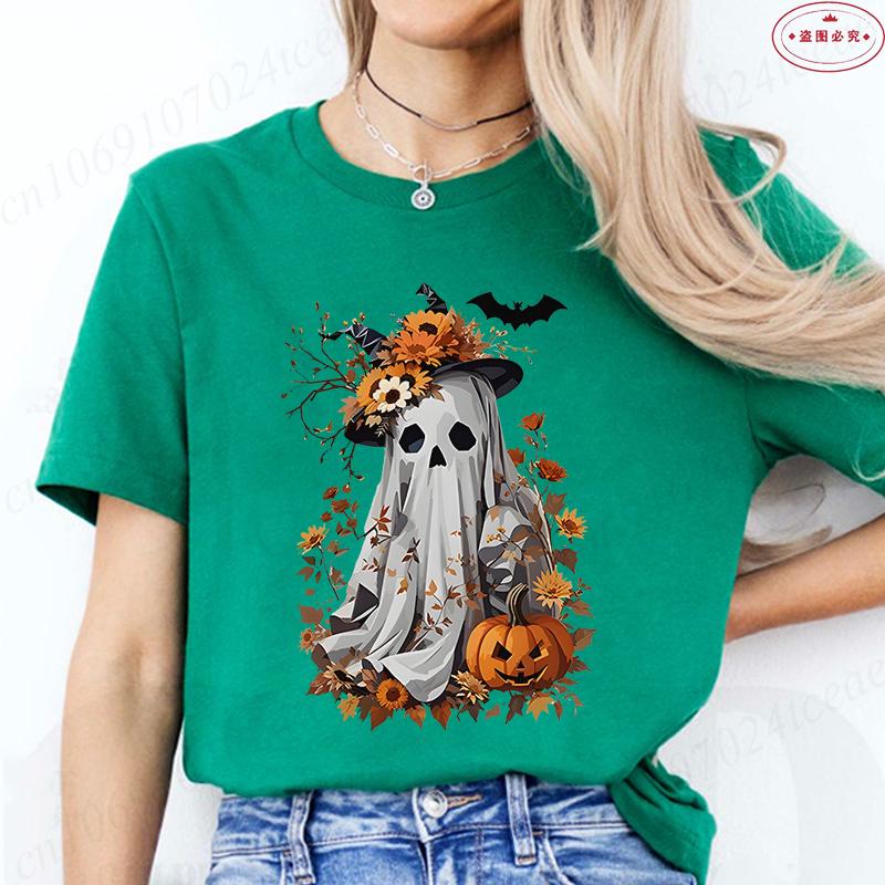 Halloween Boo with Pumpkin Print Womens TShirts Crew Neck TShirt Short Sleeve Casual Top for Spooky Season Womens Clothing
