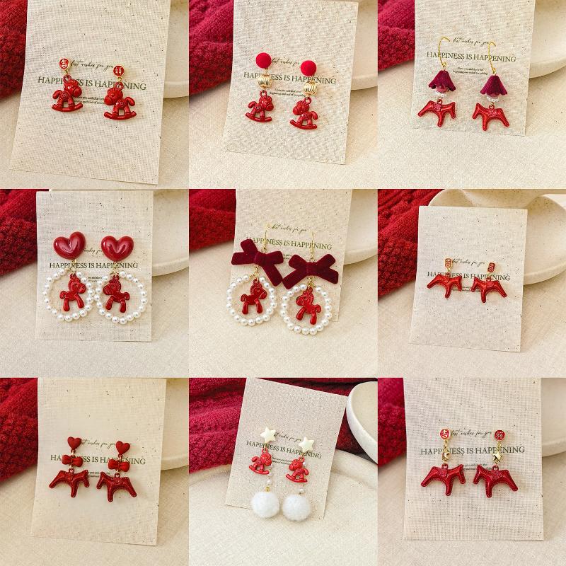 Simple Elegant Red Horse Earrings Korean Cute Sweet New Year's Red Earrings Ear Studs Jewelry Accessories New Year Gifts