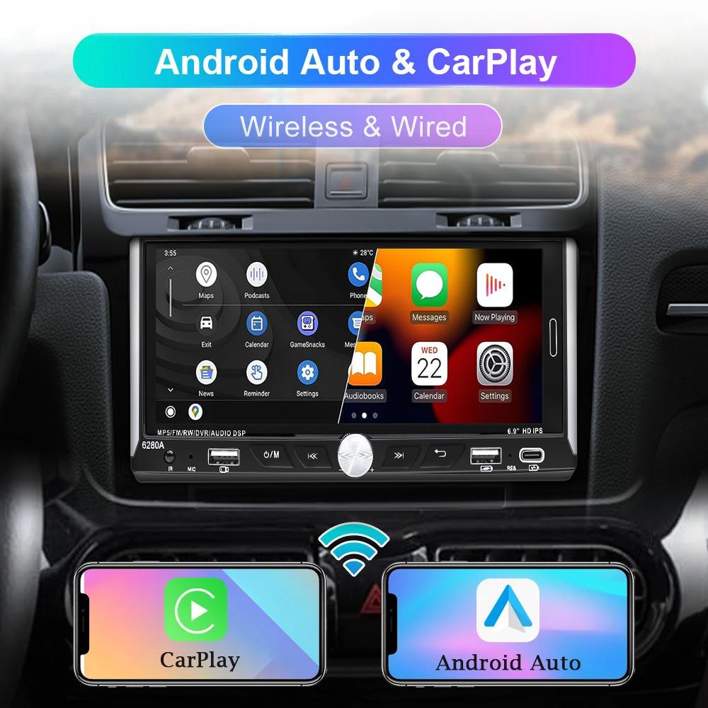 1 Din Car Stereo MP5 Player Car Radio 6.9 Inch Multimedia Player Carplay Android Auto Bluetooth Screen Mirroring USB