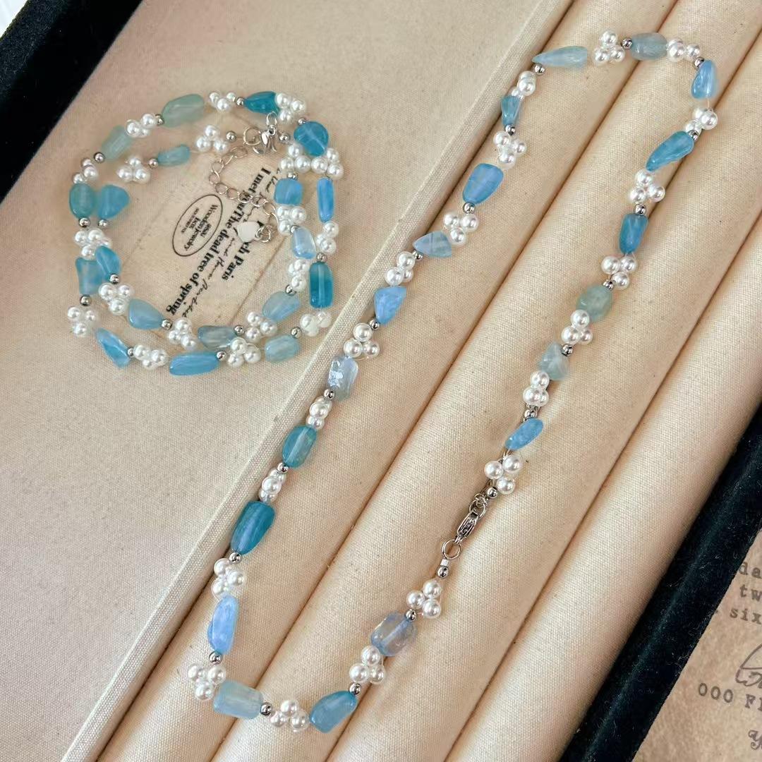 Vintage Romantic Natural Aquamarine Artificial Crystal Pearl Gypsy Design Necklace