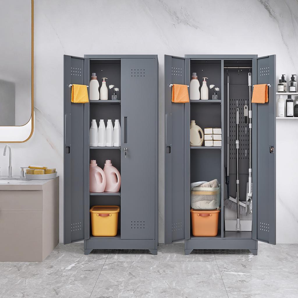 Broom Storage Cabinet With Locking Doors And Shelves, 65" H Metal Storage Cabinet With Hanging Rod & S-Hooks, Cleaning Tool Storage Cabinet