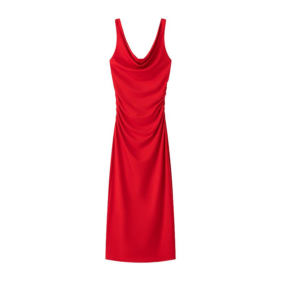 

Spring 2025 Women s Slimming Cowl Neck Pleated Dress Medium красный