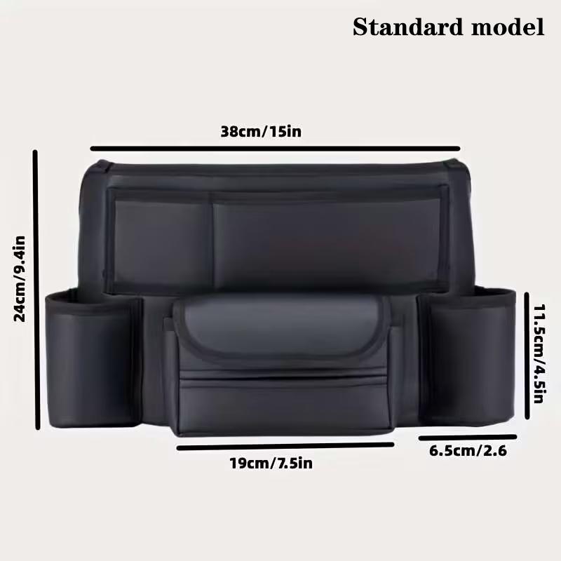One Durable PU Leather Car Seat Storage Bag With Cup Holder, Side Pockets And Front Storage Compartment.