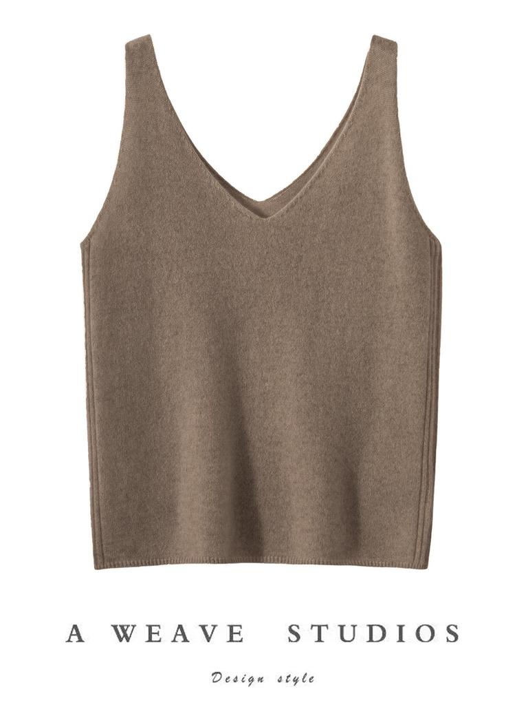 Women's Cashmere V-Neck Ribbed Tank: Autumn/Winter Sleeveless Knit Base Layer with Spaghetti Straps in Solid Colors