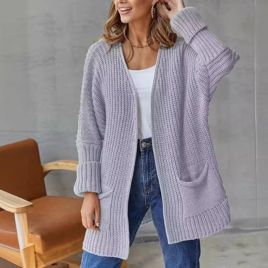 Sweater European and American pockets solid color loose sweater jacket lazy style fashion commute