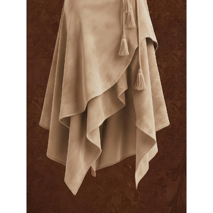 Women's faux suede vintage style irregular ruffle midi skirt with waist tie and tassel decoration