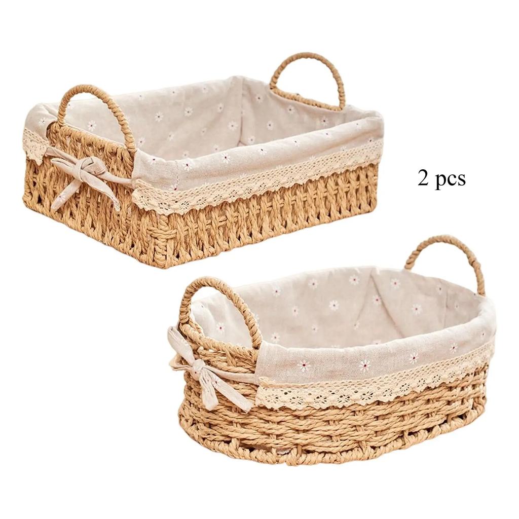 Woven Storage Basket Set of 2, Handmade Rattan Organizer with Liner, Decorative Basket for Home, Bedroom, Bathroom, Makeup, Toys, Nursery