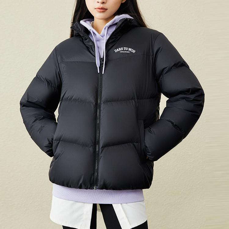 Anta Life Series Solid Color Logo Zipper Hooded Down Jacket Women outerwear Black 162248904-1