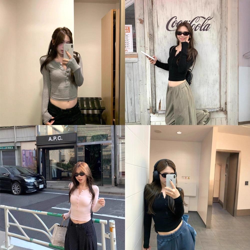 [Keren Cotton Modal] Solid Color Simple Button Slim and Thin Round Neck Design Versatile Top Tide