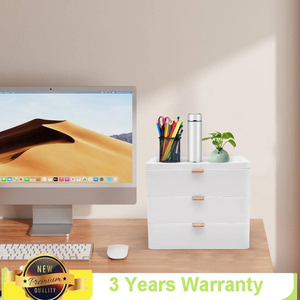 Bymaocar Drawer Style Desk Jewelry Organizer, 3-layer White Tabletop Mount Storage Box with Handles for Study, Bedroom, Office