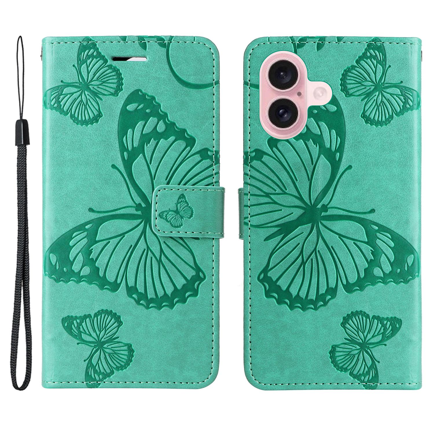 

For iPhone 16 Wallet Case Floral Butterfly Imprinted Leather Phone Cover Stand Green